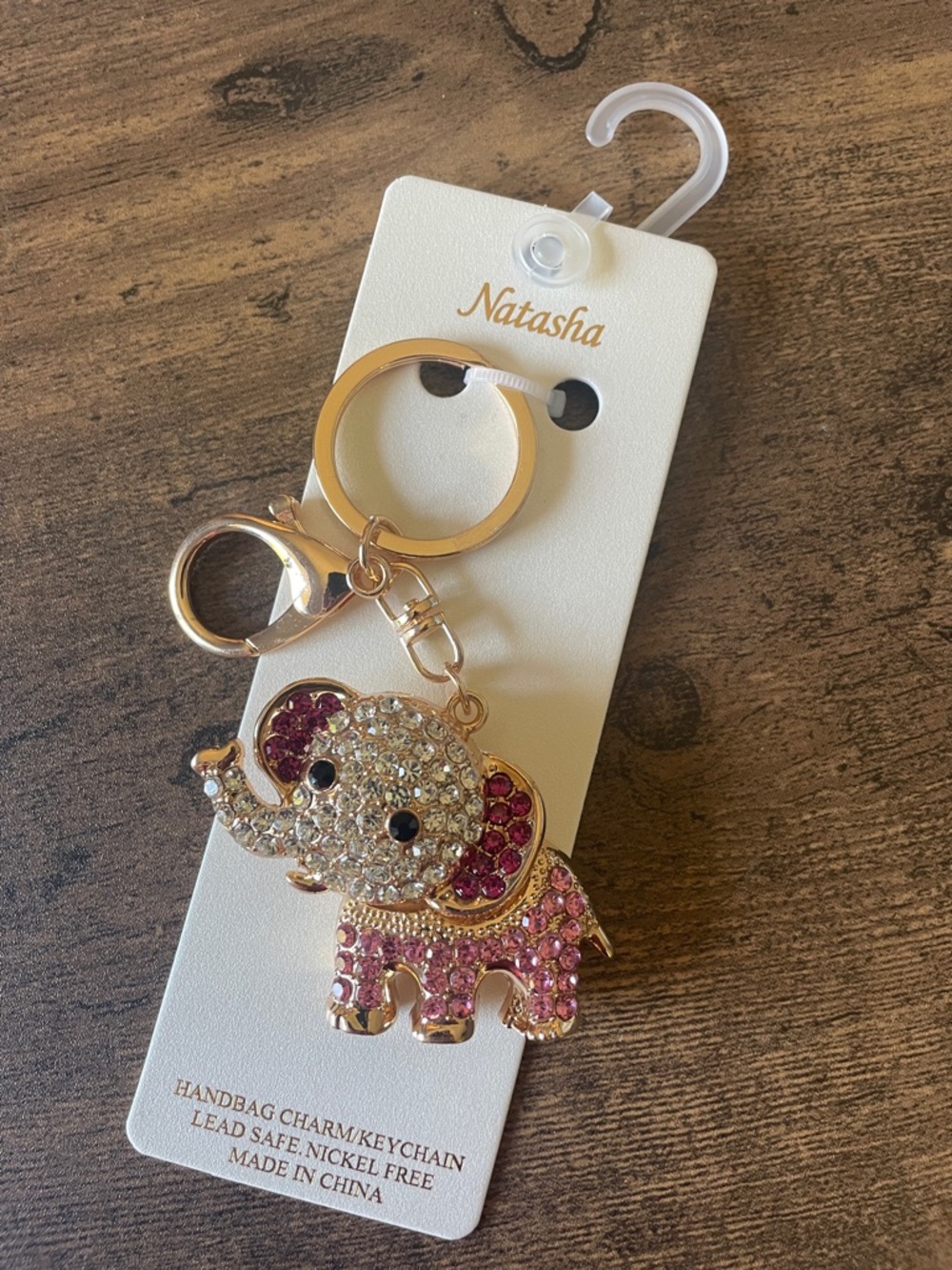 NWT Natasha Rhinestone Elephant Keychain Handbag Charm Pink & Gold